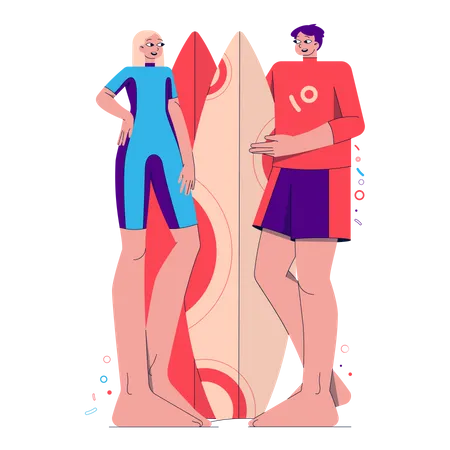 Couple with surfboard  Illustration