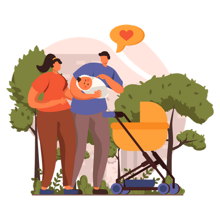 Couple with their baby standing in park Illustration