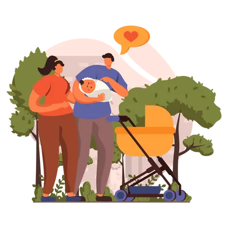Couple with their baby standing in park  Illustration