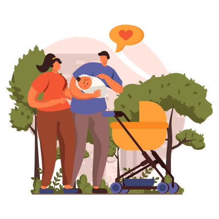 Couple with their baby standing in park  Illustration