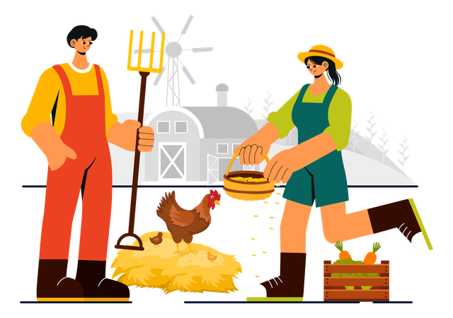 Couple works in poultry farm  Illustration