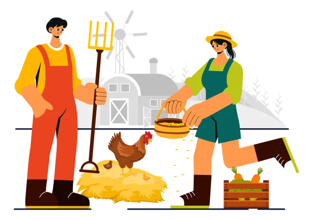 Couple works in poultry farm  Illustration