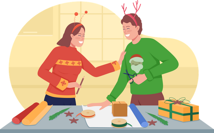 Couple wrapping christmas presents together  イラスト