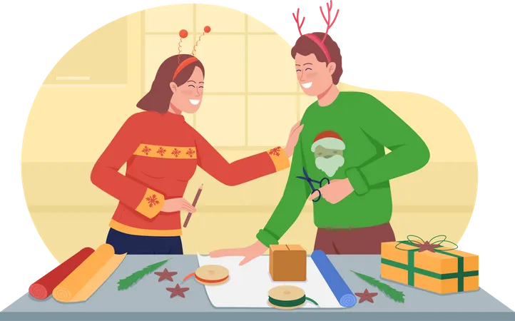Wrapping Presents For Christmas 2 D Vector Isolated Illustration Festive Season New Year Happy Couple Flat Characters On Cartoon Background New Year Preparation Activity Colourful Scene Illustration