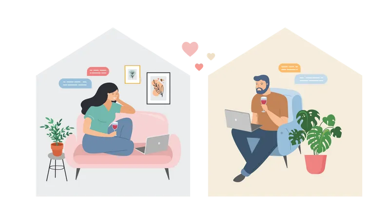 Couples avec smartphones, tablettes et ordinateurs portables discutant en ligne, pendant la quarantaine du coronavirus  Illustration