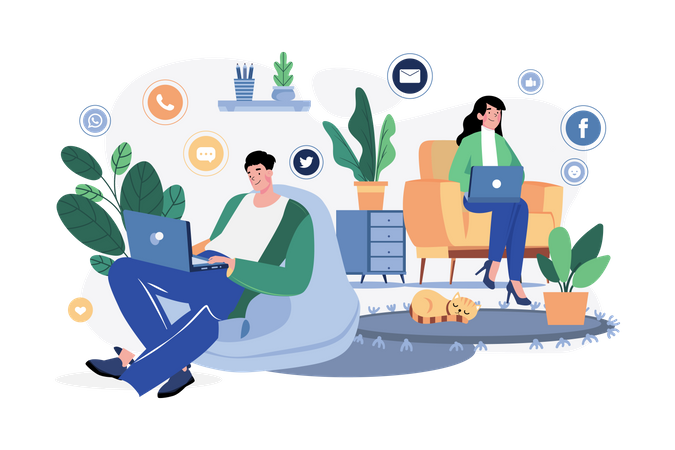 Couples connect social networks at home Illustration