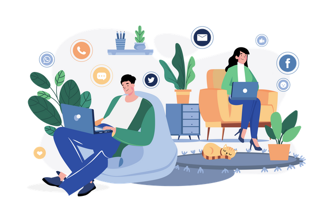 Couples connect social networks at home  Illustration