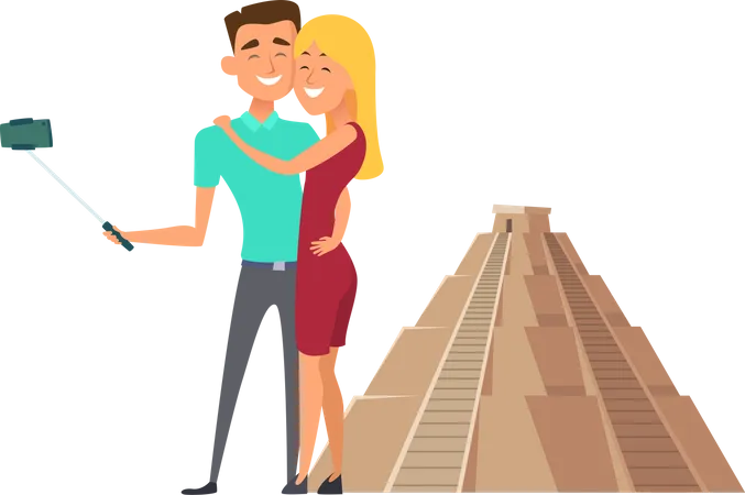 Couples make selfie near Chichen itza  Illustration