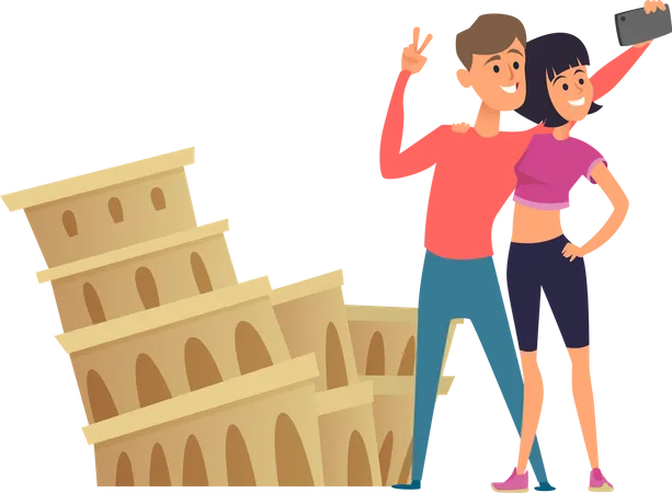 Couples make selfie near roman colosseum  Illustration