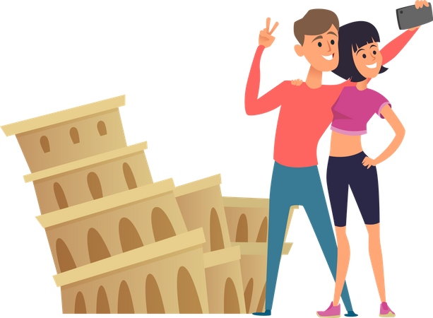 Couples make selfie near roman colosseum  Illustration
