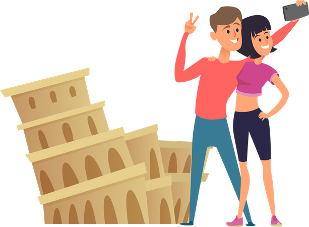 Couples make selfie near roman colosseum  Illustration