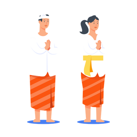 Couples Of Bali Hindu People Give Greeting Illustration