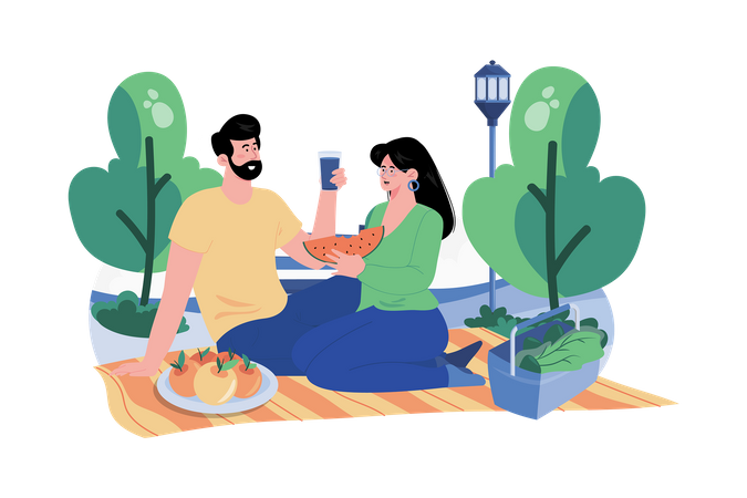 Couple's Outdoor Picnic or Hike  Illustration