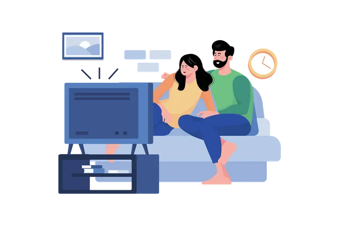 Couple's Relaxing Day at Home with Movies Illustration