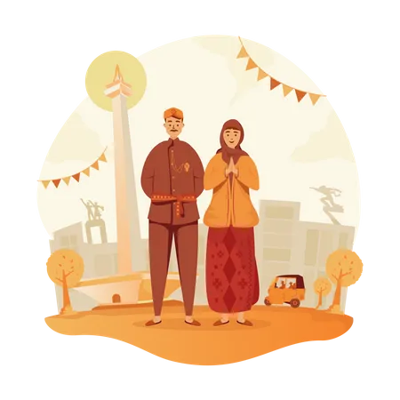 Illustration Of Couples Wear Traditional Betawi Clothes To Celebrate Jakarta Anniversary Illustration