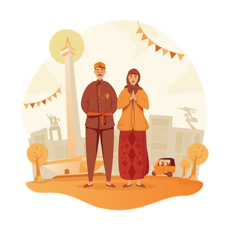 Couples with traditional Betawi clothes  Illustration