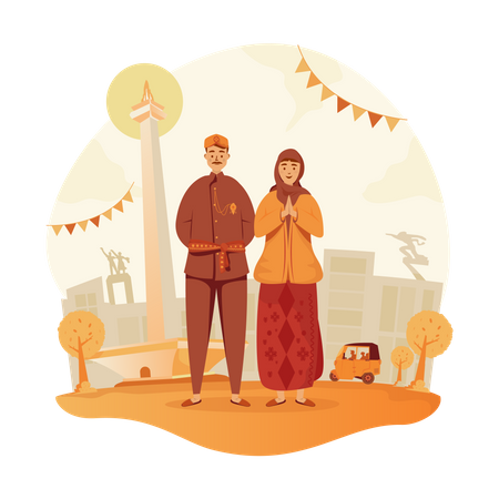 Couples with traditional Betawi clothes  Illustration