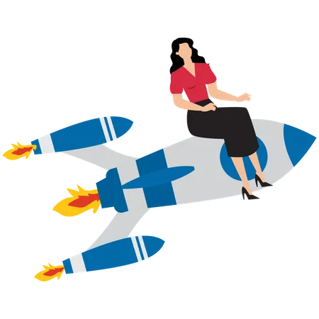 Courage businesswoman with firework booster starting to fly  Illustration