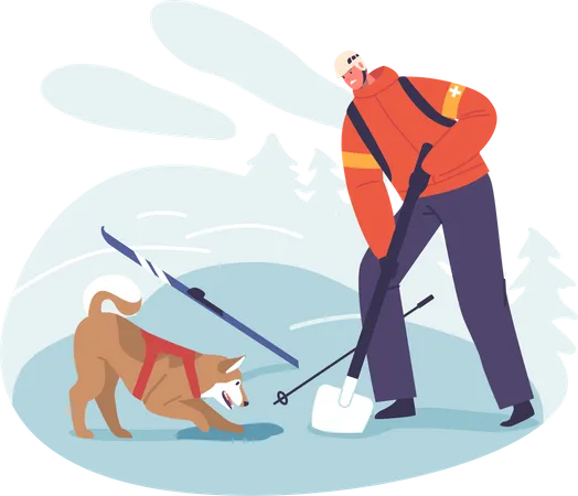 Courageous Rescuer And Loyal Dog Characters Tirelessly Dig Through Snow To Save Avalanche Victim In The Mountains Teamwork Bravery And Unwavering Determination Cartoon People Vector Illustration イラスト