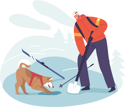 Courageous Rescuer Tirelessly Dig Through Snow  Illustration