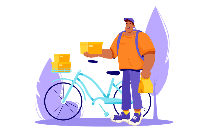 Courier boy delivers boxes to destination on bicycle  Illustration