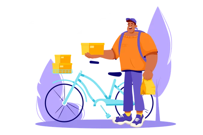 Delivery Violet Concept With People Scene In The Flat Cartoon Design The Courier Delivers The Boxes To The Destination On A Bicycle Vector Illustration Illustration