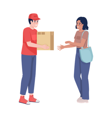 Courier boy giving cardboard parcel to woman  Illustration