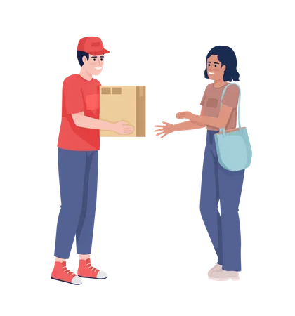 Courier boy giving cardboard parcel to woman Illustration