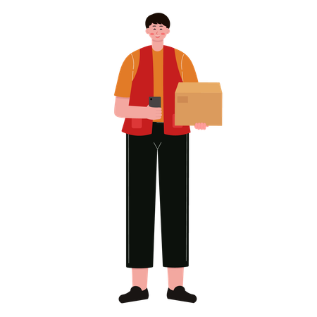Courier boy using phone and package  Illustration