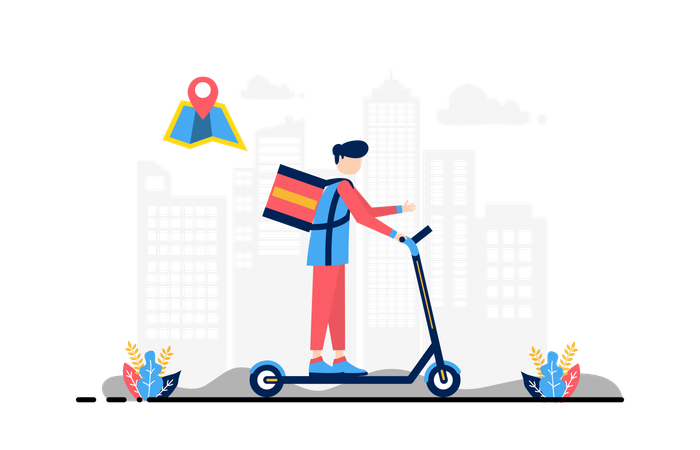 Courier boy with delivery box on scooter Illustration