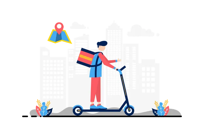 Courier boy with delivery box on scooter  Illustration