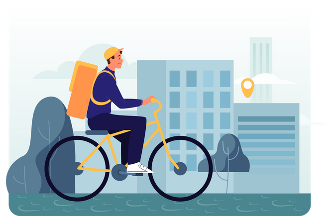 Courier boy with food on bicycle Illustration