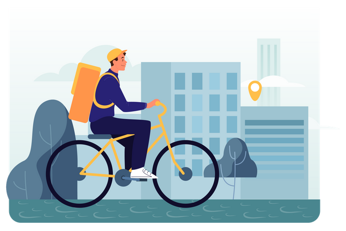 Courier boy with food on bicycle  Illustration