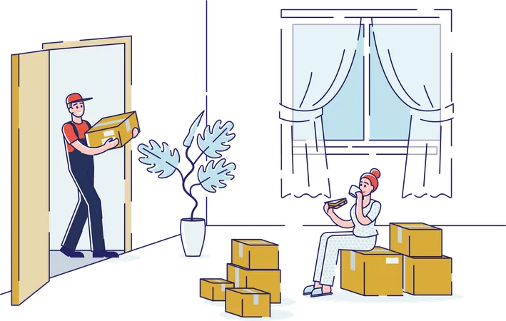 Courier bringing cardboard boxes in living room for female client of delivery service  Illustration