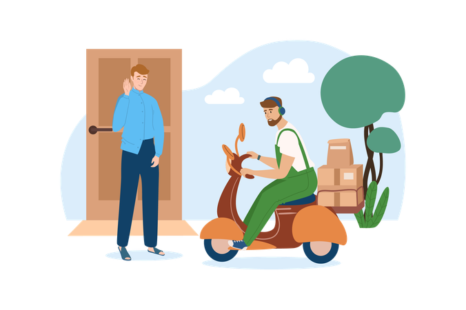 Courier brought the package to the boy on a moped  Illustration