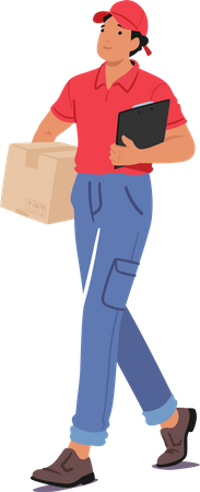 Courier Character Briskly Walks With A Box In Hand And A Clipboard  Illustration