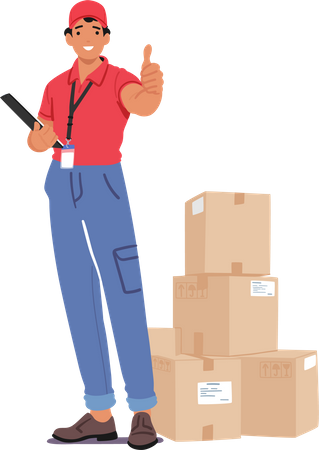 Courier Character With A Thumbs-up Gesture Holds A Clipboard with a Pile Of Parcels nearby  일러스트레이션