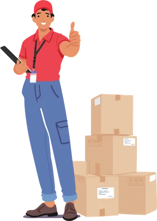 Courier Character With A Thumbs-up Gesture Holds A Clipboard with a Pile Of Parcels nearby  Illustration