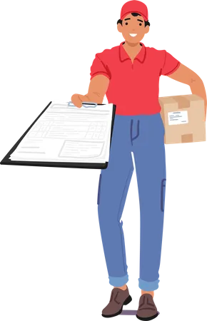 Courier Male Character With Parcel Presents Paper For Signature Quick Exchange Ensuring Secure Delivery And Confirmation Of Receipt Efficient And Reliable Service Cartoon Vector Illustration Illustration