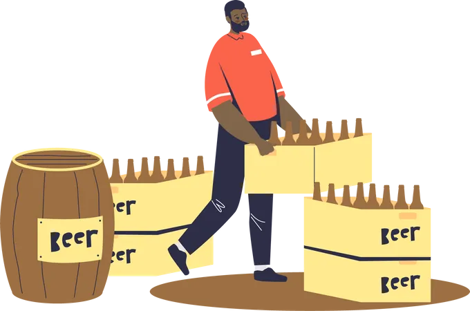 Courier delivering beer in bottles and wood barrel to pub, bar or beer shop Illustration