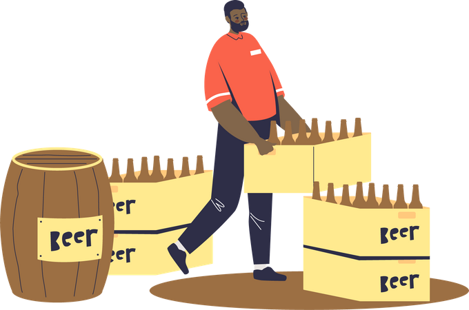 Courier delivering beer in bottles and wood barrel to pub, bar or beer shop  Illustration