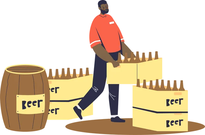 Courier delivering beer in bottles and wood barrel to pub, bar or beer shop  Illustration