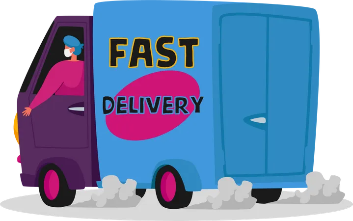 Courier delivery truck working during pandemic Illustration