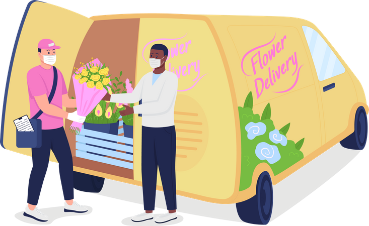 Courier gives customer flowers near delivery truck  Illustration