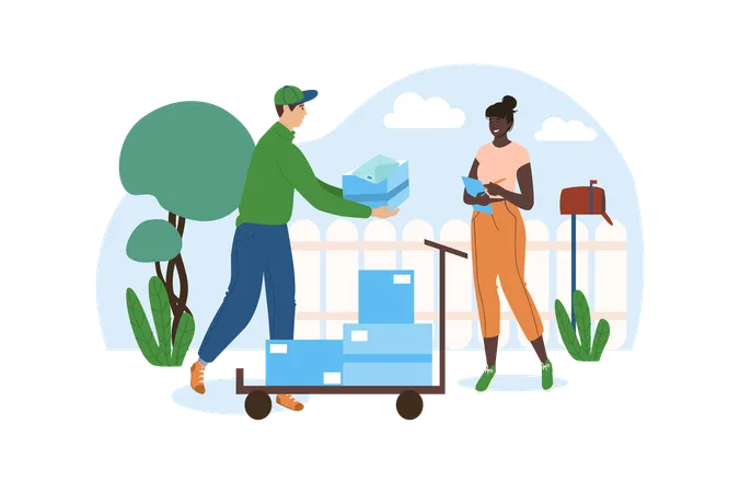 Post Office Blue Concept With People Scene In The Flat Cartoon Design Courier Gives The Box With The Orders To The Woman Vector Illustration Illustration