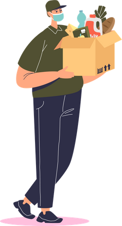 Courier guy wearing mask delivering food and grocery  Illustration