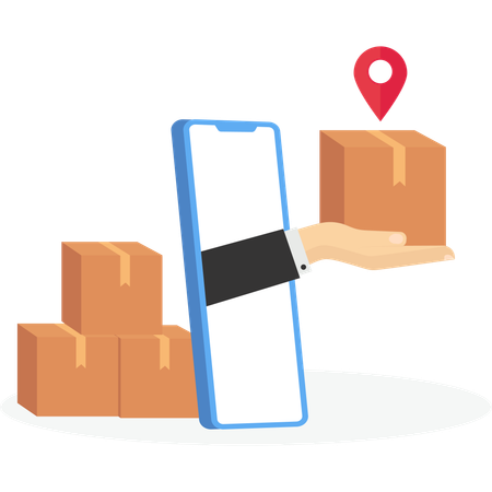 Courier hand on smartphone screen gives box  Illustration