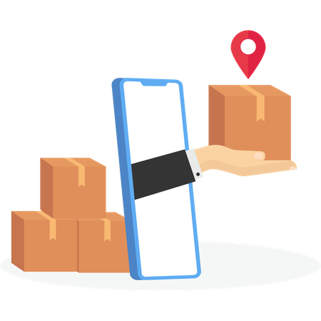 Courier hand on smartphone screen gives box  Illustration