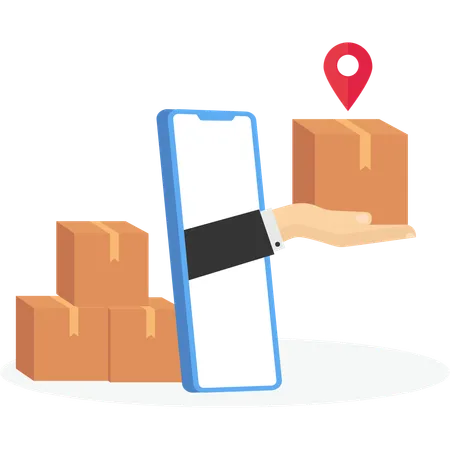 Courier hand on smartphone screen gives box  Illustration