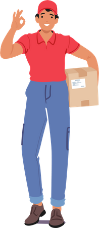 Courier Male Character Confidently Displays An Ok Gesture While Holding A Parcel  Illustration